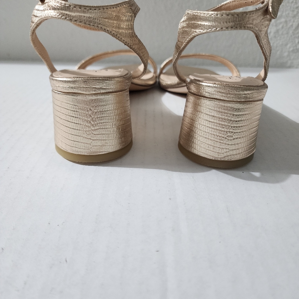 AGL Gold Metallic Block Heel Sandals Ankle Strap Designer Italy Size 10 - Picture 6 of 12